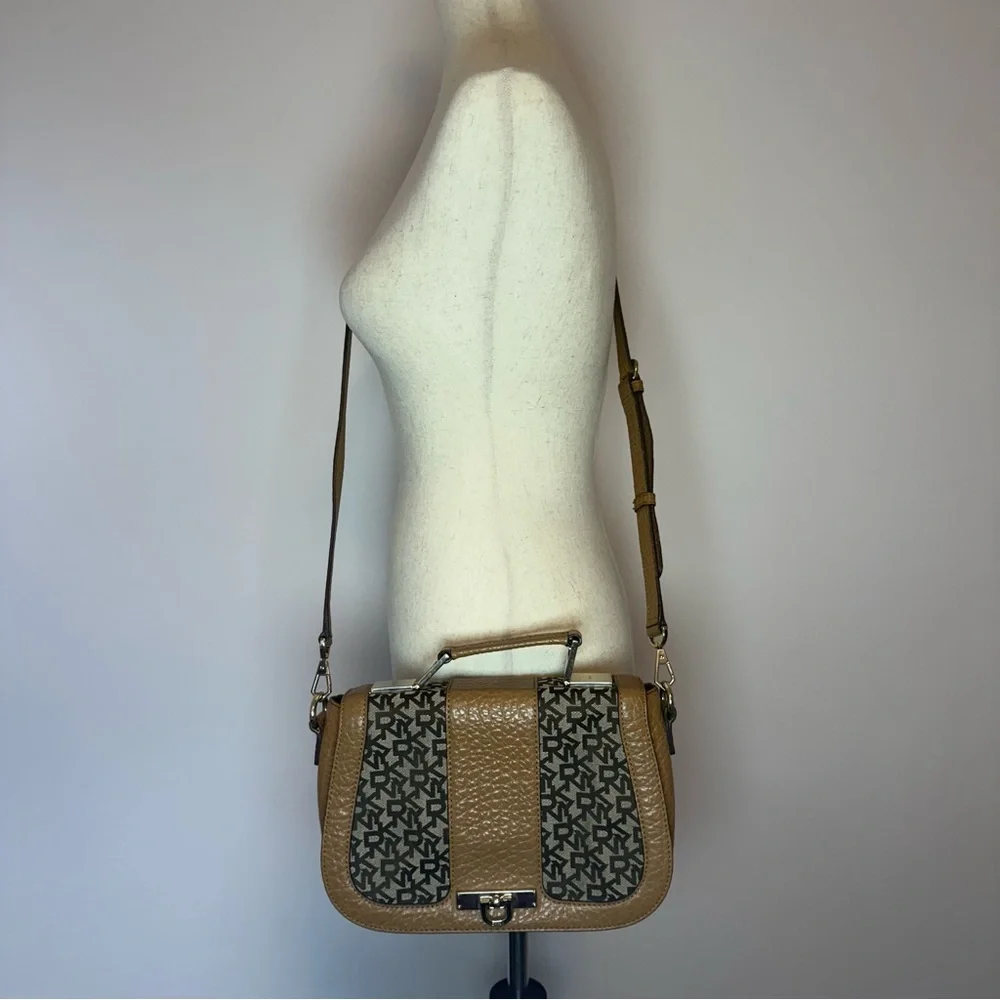 DKNY Tan Genuine Leather and Fabric Crossbody Handbag